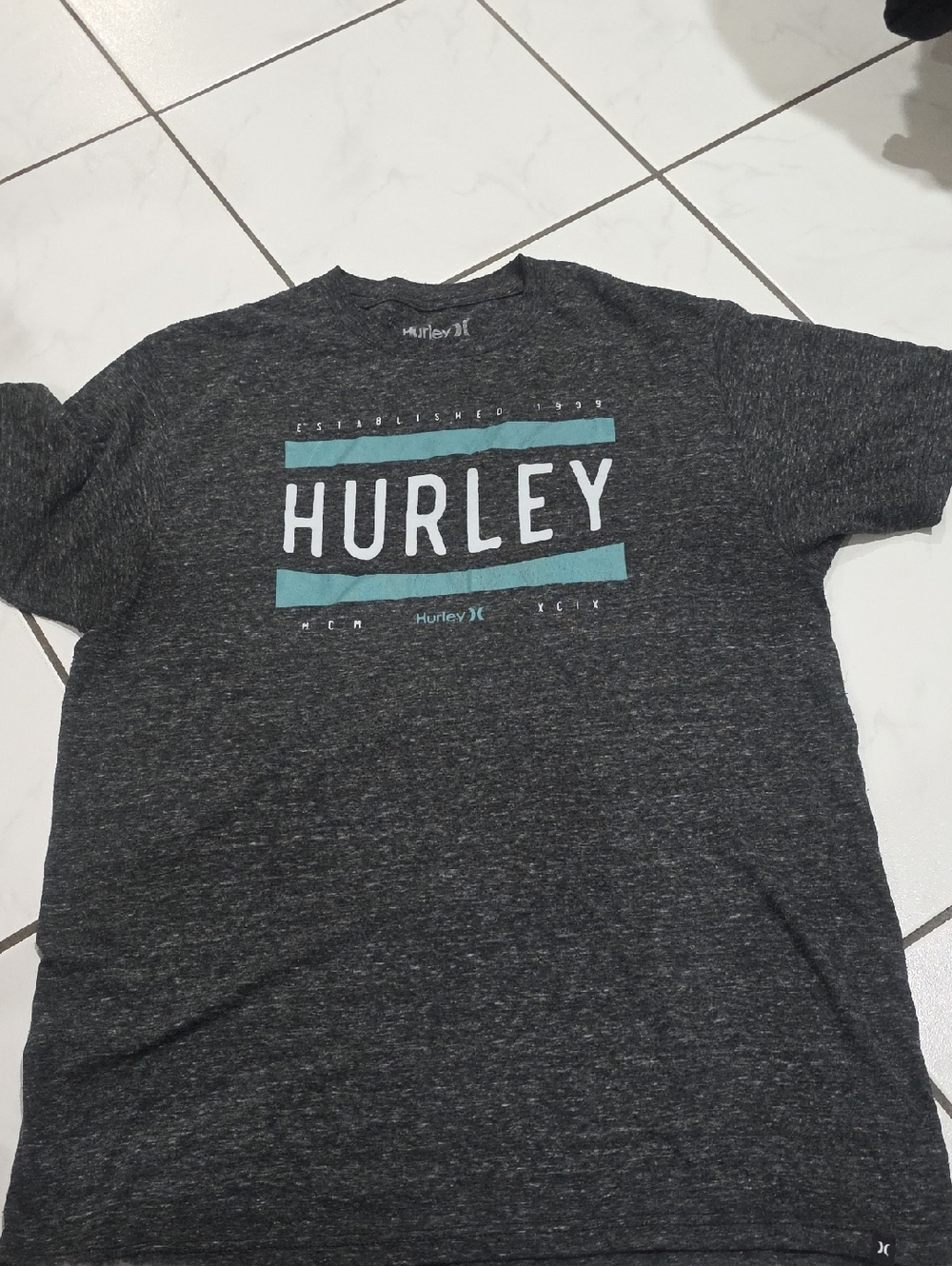 Hurley Charcoal Tee with Teal Stripe Logo